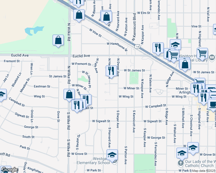 map of restaurants, bars, coffee shops, grocery stores, and more near 222 North Harvard Avenue in Arlington Heights