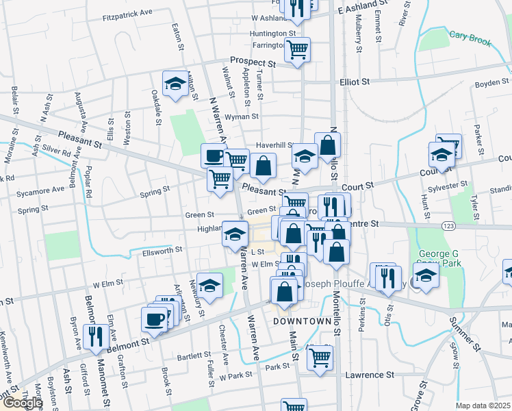 map of restaurants, bars, coffee shops, grocery stores, and more near 81 Green Street in Brockton