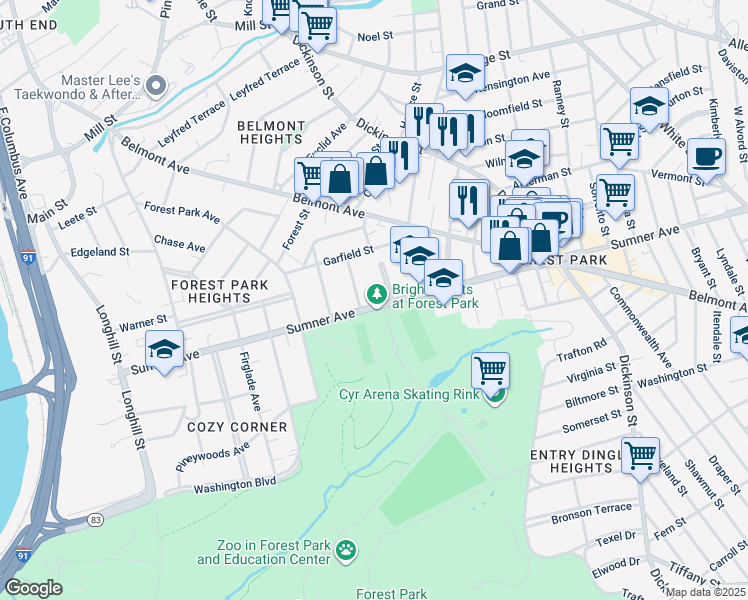 map of restaurants, bars, coffee shops, grocery stores, and more near 290 Sumner Avenue in Springfield