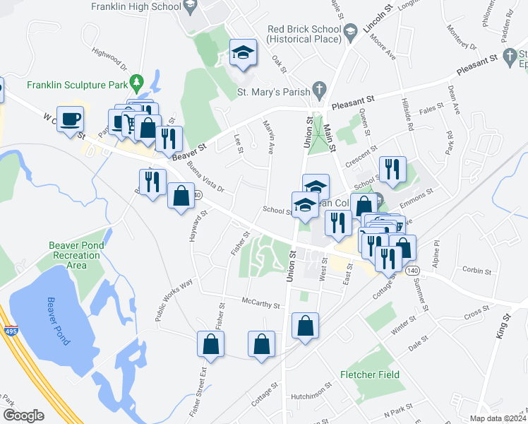 map of restaurants, bars, coffee shops, grocery stores, and more near 206 School Street in Franklin