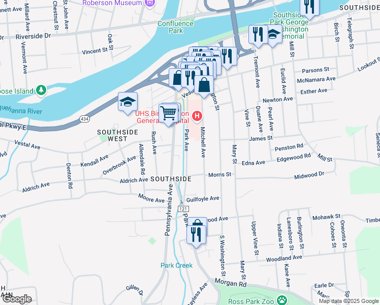 map of restaurants, bars, coffee shops, grocery stores, and more near 49 Park Avenue in Binghamton