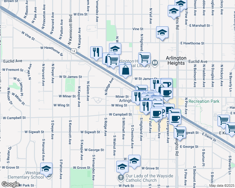 map of restaurants, bars, coffee shops, grocery stores, and more near 502 West Miner Street in Arlington Heights