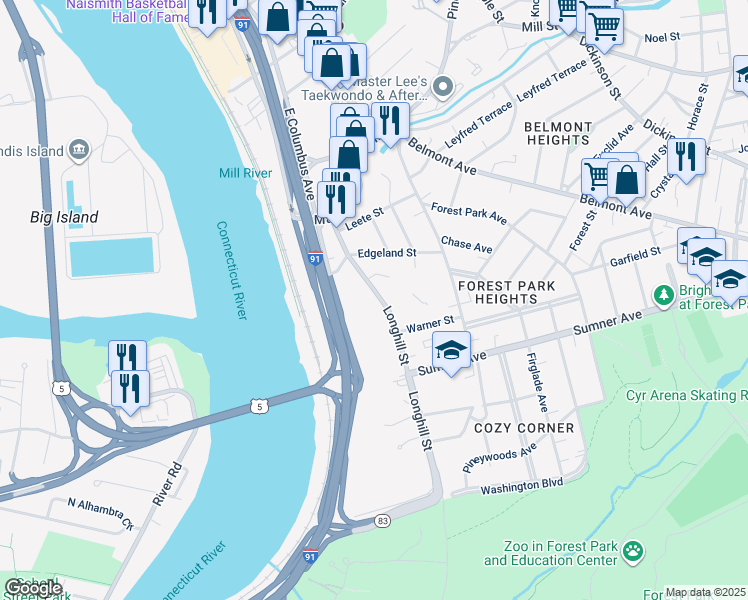 map of restaurants, bars, coffee shops, grocery stores, and more near 120 Longhill Street in Springfield
