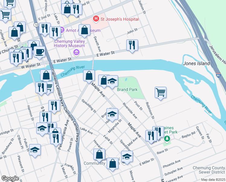 map of restaurants, bars, coffee shops, grocery stores, and more near 409 Riverside Avenue in Elmira