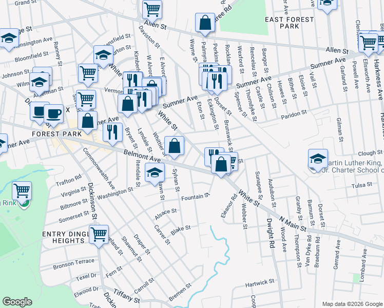 map of restaurants, bars, coffee shops, grocery stores, and more near 573 White Street in Springfield