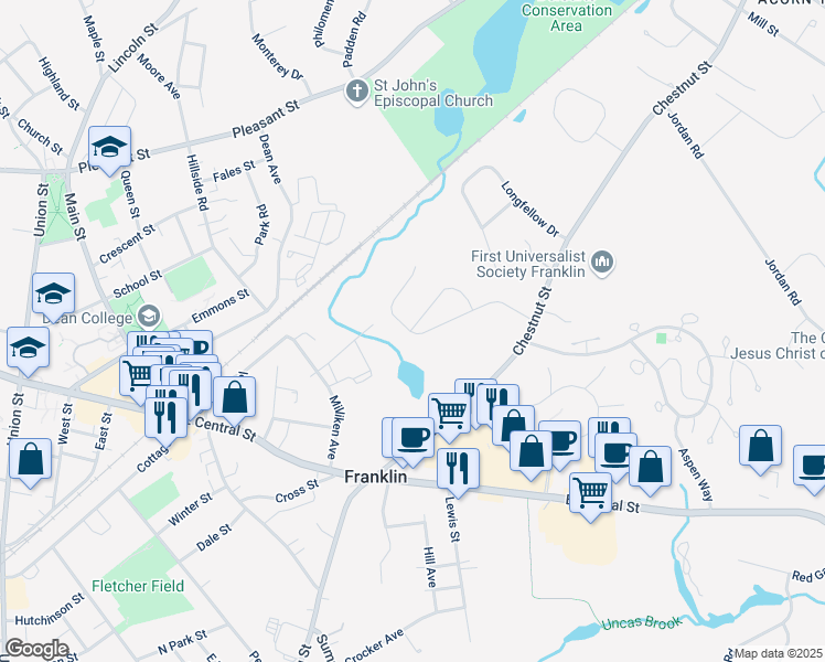 map of restaurants, bars, coffee shops, grocery stores, and more near 36 Longobardi Drive in Franklin