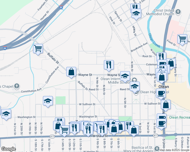 map of restaurants, bars, coffee shops, grocery stores, and more near 910 Wayne Street in Olean