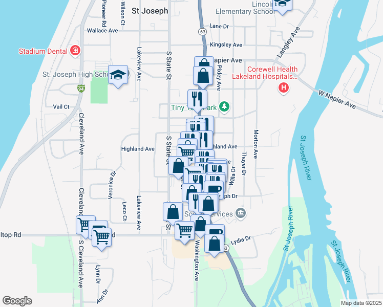 map of restaurants, bars, coffee shops, grocery stores, and more near 2732 Niles Avenue in Saint Joseph