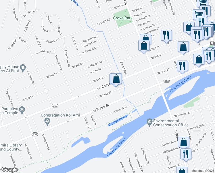 map of restaurants, bars, coffee shops, grocery stores, and more near 713 West Church Street in Elmira