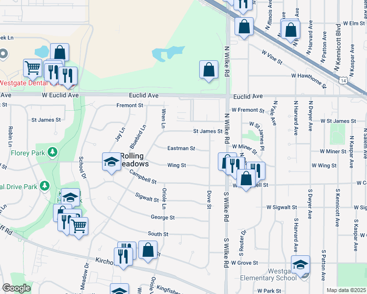 map of restaurants, bars, coffee shops, grocery stores, and more near 2203 Saint James Street in Rolling Meadows