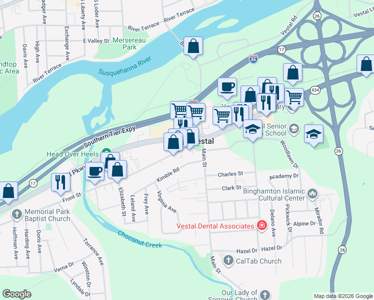map of restaurants, bars, coffee shops, grocery stores, and more near in Vestal