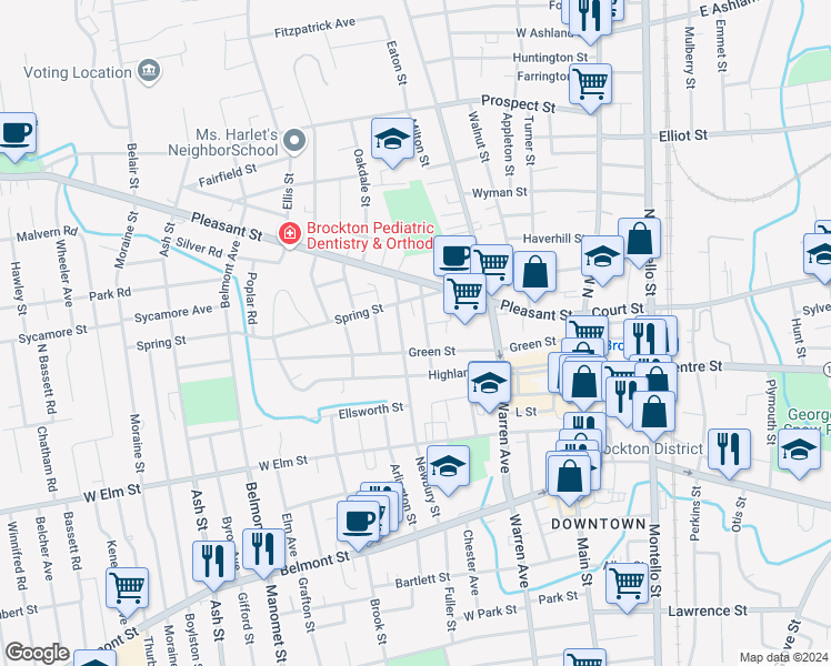 map of restaurants, bars, coffee shops, grocery stores, and more near 9 Olive Terrace in Brockton