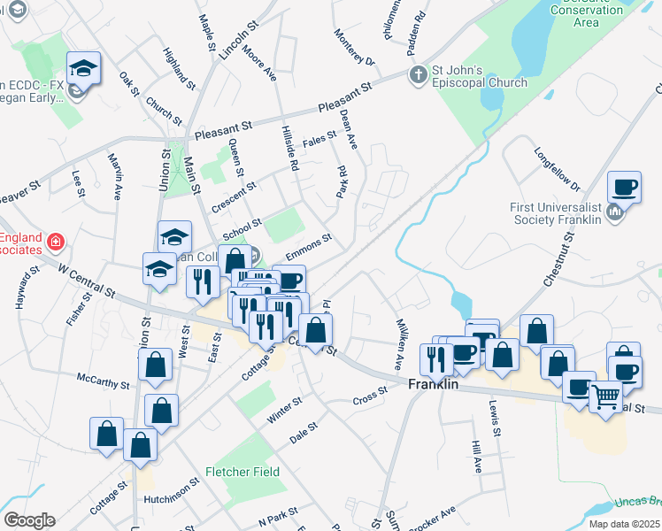map of restaurants, bars, coffee shops, grocery stores, and more near 100 Dean Avenue in Franklin