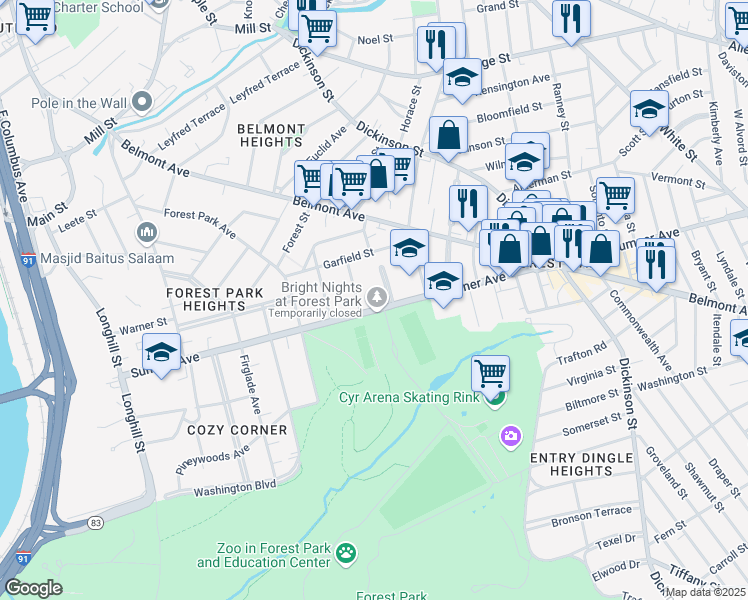 map of restaurants, bars, coffee shops, grocery stores, and more near 24 Sumner Terrace in Springfield
