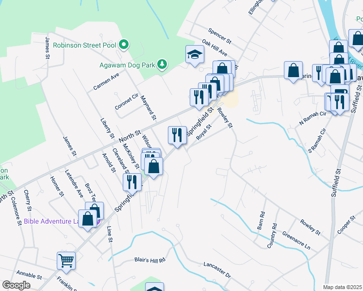 map of restaurants, bars, coffee shops, grocery stores, and more near 7 Kristen Lane in Agawam
