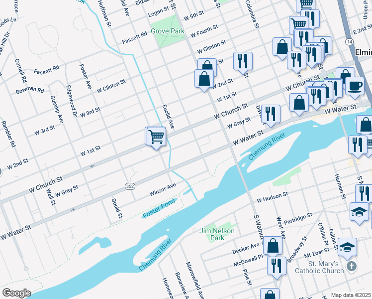 map of restaurants, bars, coffee shops, grocery stores, and more near 613 West Gray Street in Elmira