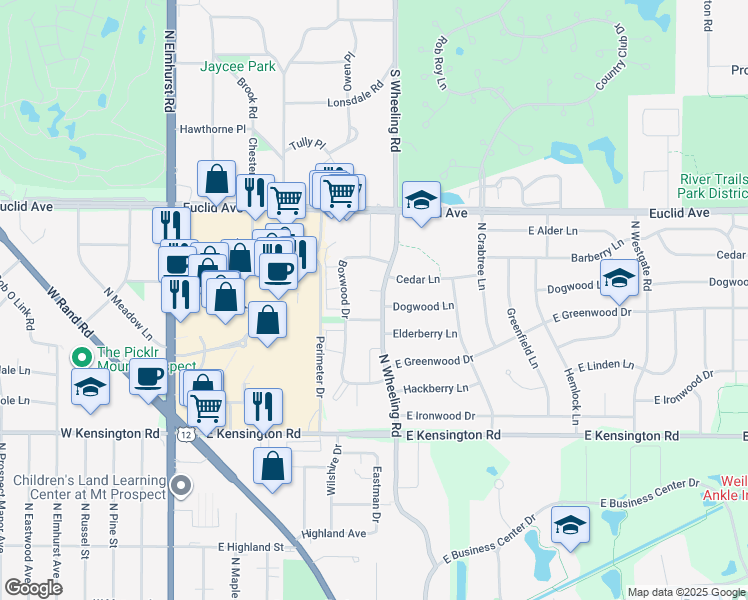 map of restaurants, bars, coffee shops, grocery stores, and more near 1165 North Boxwood Drive in Mount Prospect