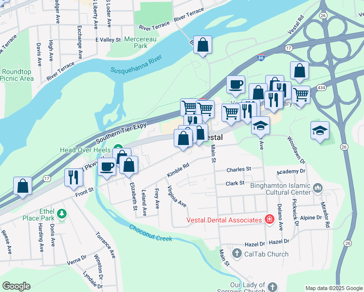 map of restaurants, bars, coffee shops, grocery stores, and more near 156 Front Street in Vestal