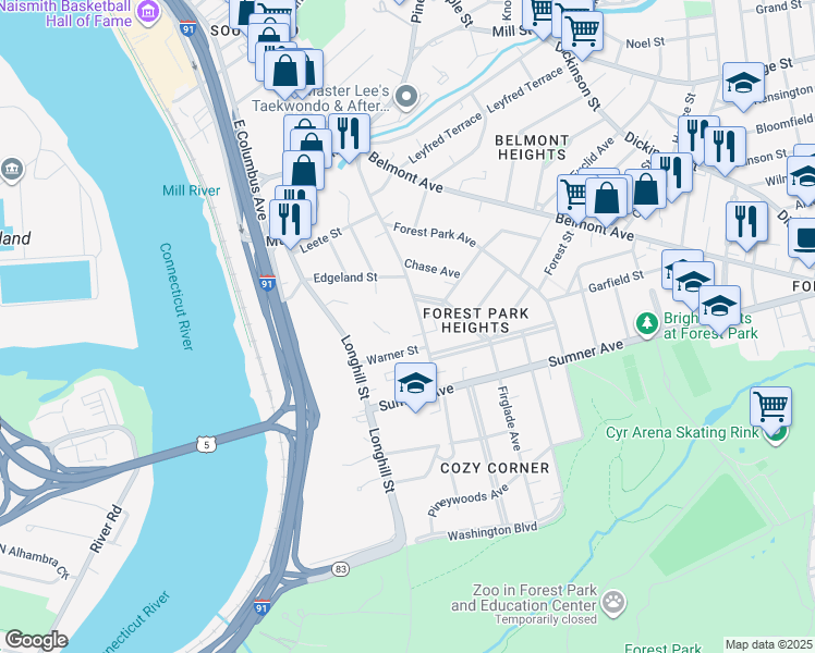 map of restaurants, bars, coffee shops, grocery stores, and more near 212-214 Fort Pleasant Avenue in Springfield