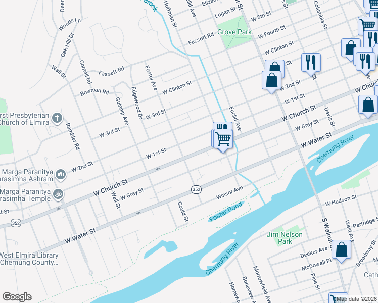map of restaurants, bars, coffee shops, grocery stores, and more near 738 West Church Street in Elmira