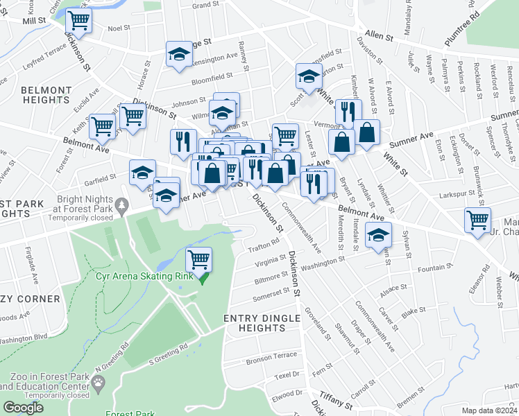 map of restaurants, bars, coffee shops, grocery stores, and more near 107 Cliftwood Street in Springfield