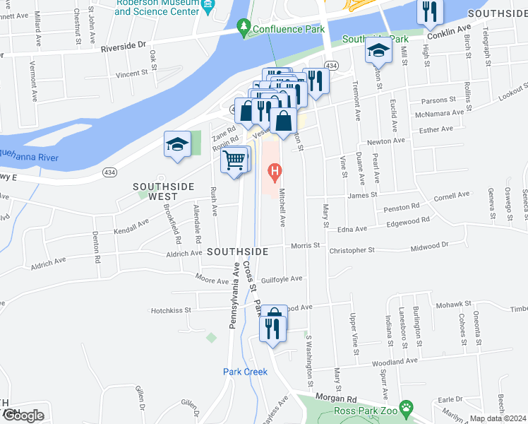 map of restaurants, bars, coffee shops, grocery stores, and more near 47 Park Avenue in Binghamton