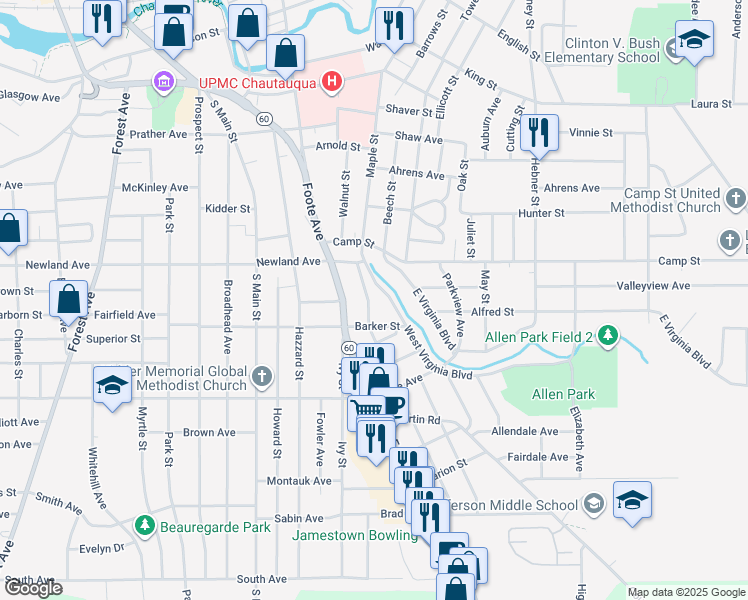 map of restaurants, bars, coffee shops, grocery stores, and more near 23 Linwood Avenue in Jamestown