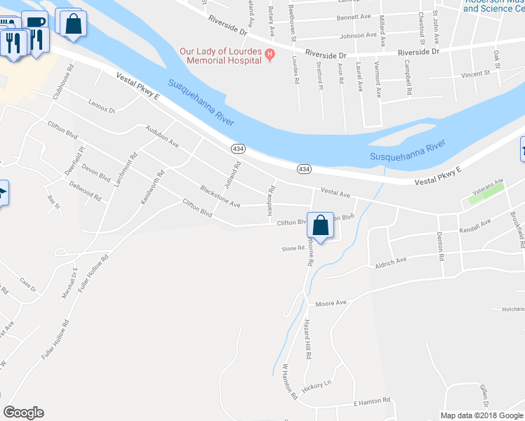 map of restaurants, bars, coffee shops, grocery stores, and more near 12 Ivanhoe Road in Binghamton