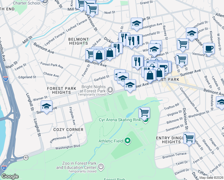 map of restaurants, bars, coffee shops, grocery stores, and more near 24 Sumner Terrace in Springfield