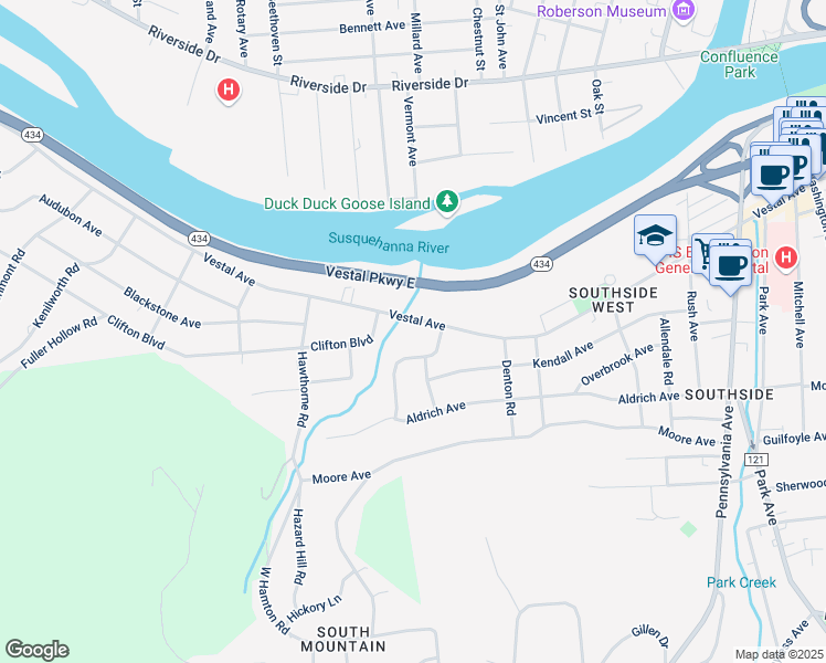 map of restaurants, bars, coffee shops, grocery stores, and more near 1006 Vestal Avenue in Binghamton