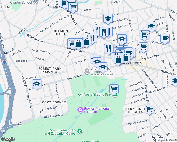 map of restaurants, bars, coffee shops, grocery stores, and more near 24 Sumner Terrace in Springfield