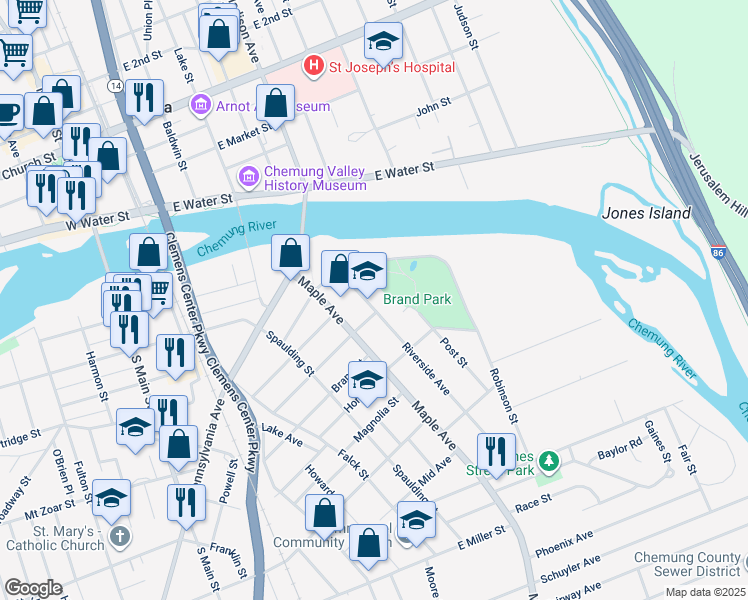map of restaurants, bars, coffee shops, grocery stores, and more near 409 Riverside Avenue in Elmira