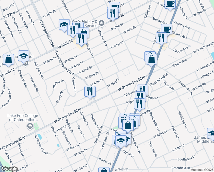 map of restaurants, bars, coffee shops, grocery stores, and more near 4499 Melrose Avenue in Erie