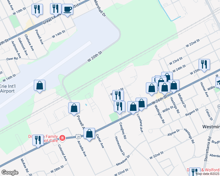 map of restaurants, bars, coffee shops, grocery stores, and more near 2127 Caughey Road in Erie