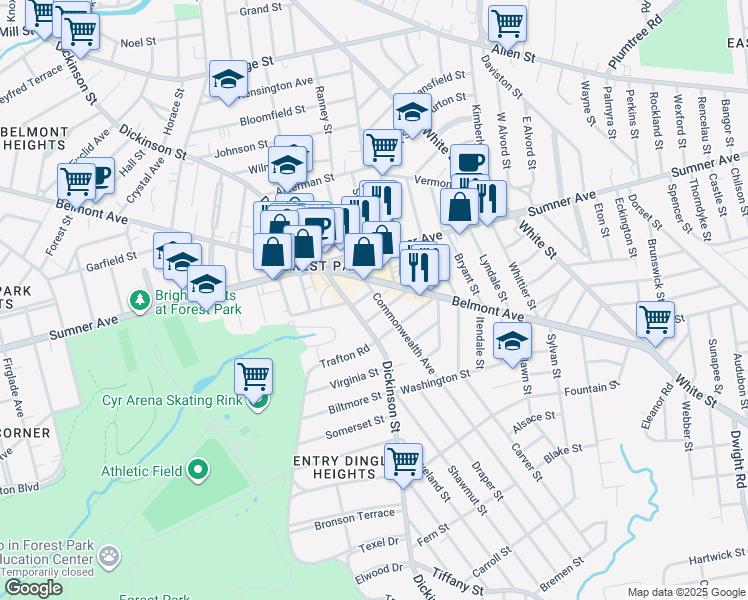 map of restaurants, bars, coffee shops, grocery stores, and more near 30 Commonwealth Avenue in Springfield