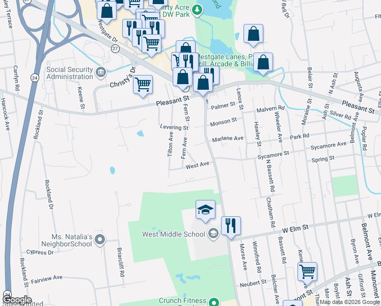 map of restaurants, bars, coffee shops, grocery stores, and more near 28 Fern Avenue in Brockton