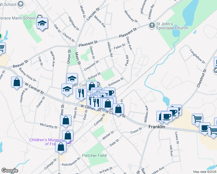map of restaurants, bars, coffee shops, grocery stores, and more near 35 Emmons Street in Franklin