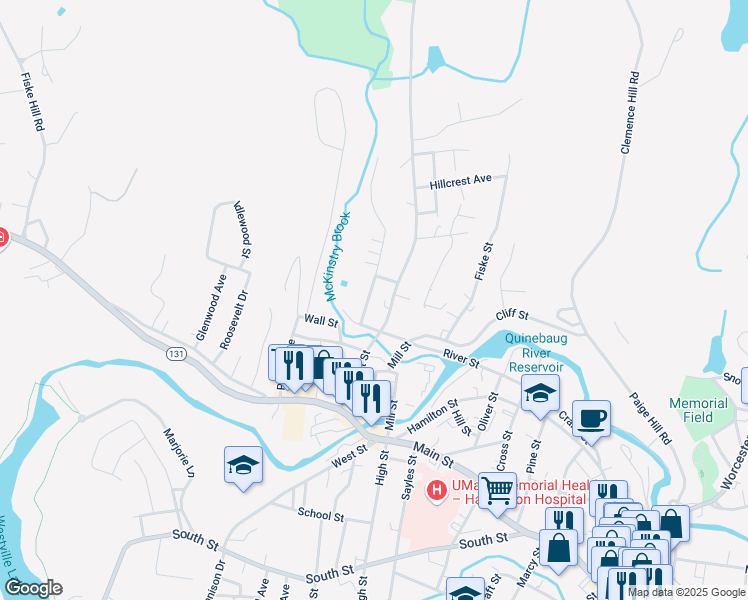 map of restaurants, bars, coffee shops, grocery stores, and more near 40 Plimpton Street in Southbridge
