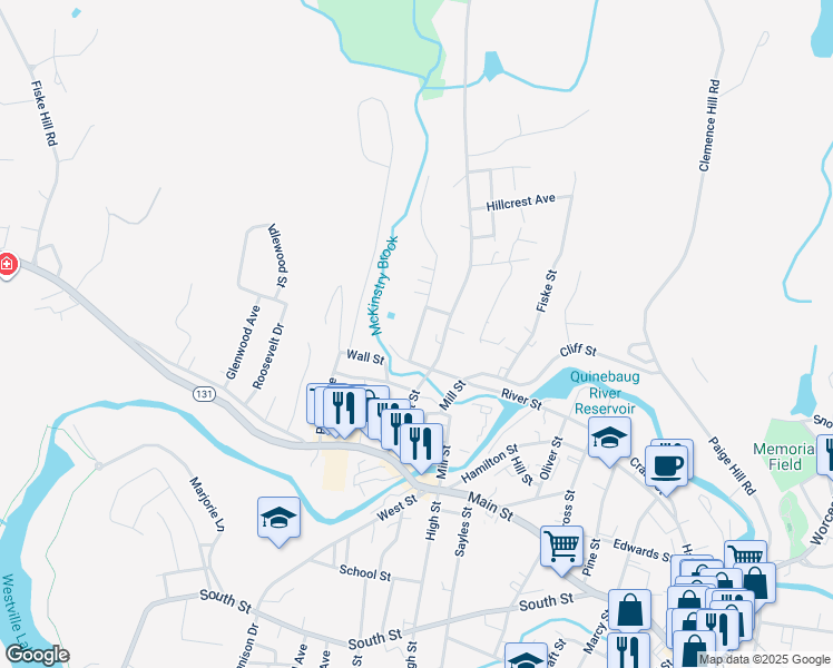 map of restaurants, bars, coffee shops, grocery stores, and more near 40 Plimpton Street in Southbridge