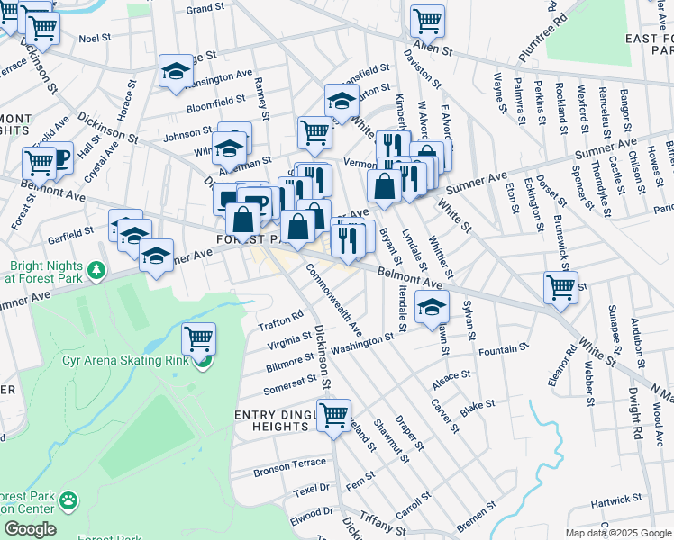 map of restaurants, bars, coffee shops, grocery stores, and more near 671 Belmont Avenue in Springfield