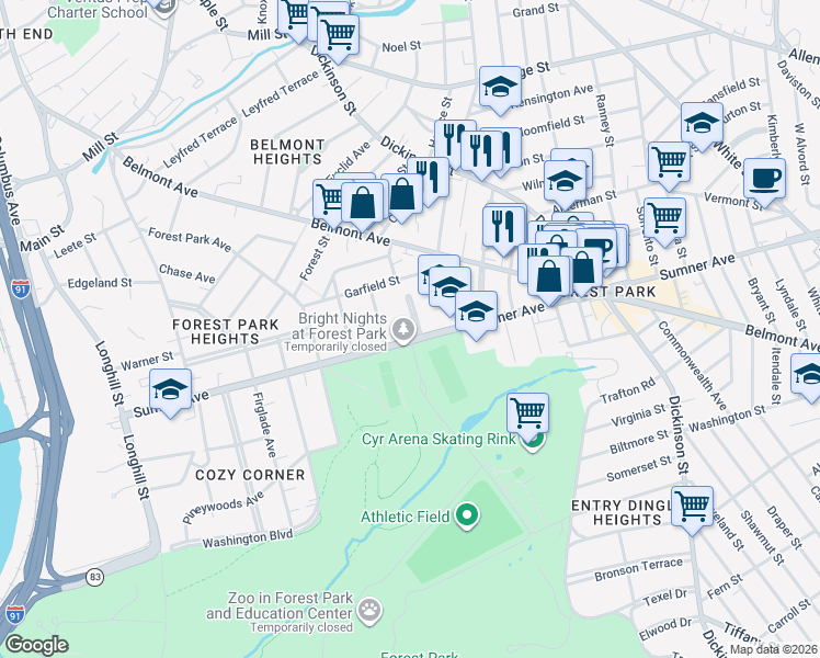 map of restaurants, bars, coffee shops, grocery stores, and more near 24 Sumner Terrace in Springfield