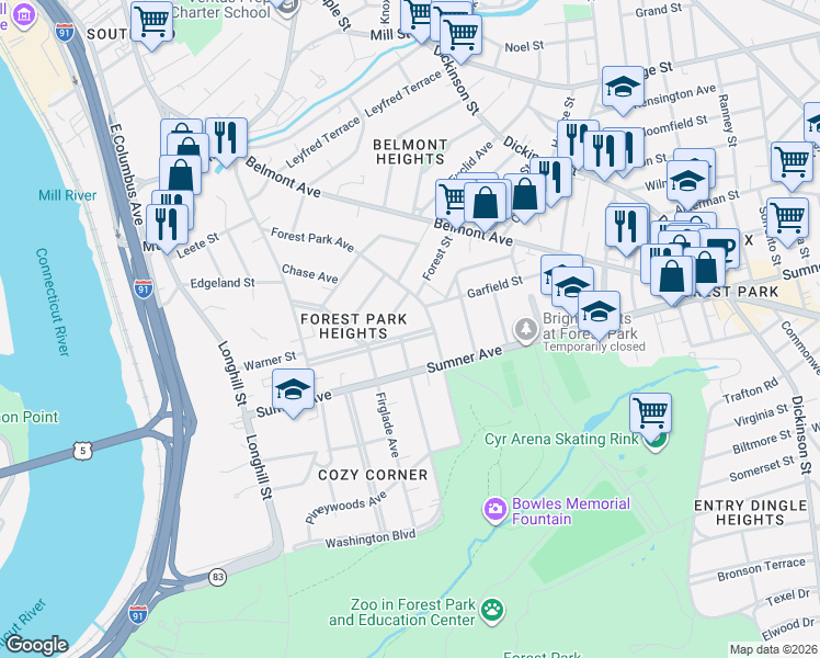 map of restaurants, bars, coffee shops, grocery stores, and more near 89 Randolph Street in Springfield