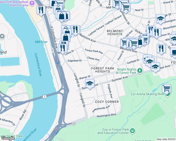 map of restaurants, bars, coffee shops, grocery stores, and more near 210 Fort Pleasant Avenue in Springfield