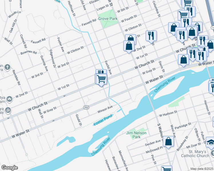 map of restaurants, bars, coffee shops, grocery stores, and more near 639 West Church Street in Elmira