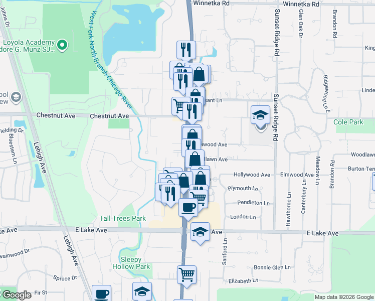 map of restaurants, bars, coffee shops, grocery stores, and more near in Glenview