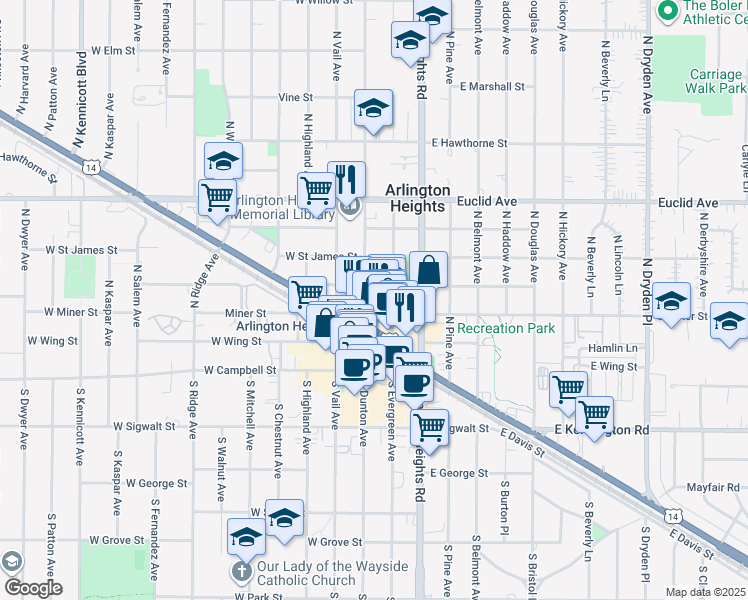 map of restaurants, bars, coffee shops, grocery stores, and more near 299 North Dunton Avenue in Arlington Heights