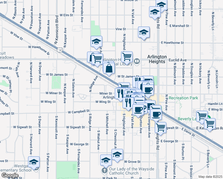 map of restaurants, bars, coffee shops, grocery stores, and more near in Arlington Heights