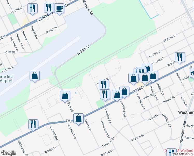 map of restaurants, bars, coffee shops, grocery stores, and more near 2127 Caughey Road in Erie