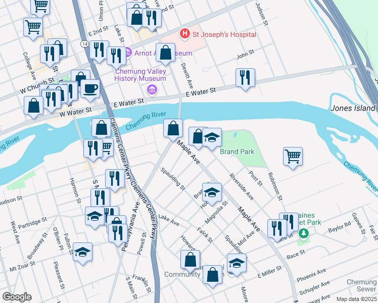 map of restaurants, bars, coffee shops, grocery stores, and more near 351 Maple Avenue in Elmira