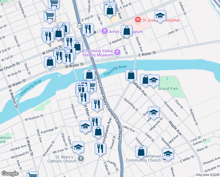map of restaurants, bars, coffee shops, grocery stores, and more near 122 East Chemung Place in Elmira